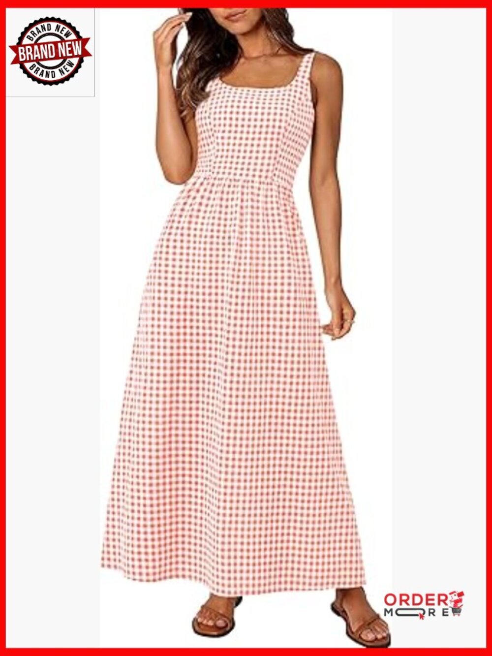 Women's Spaghetti Strap Maxi Dress Plaid Square Neck A Line Beach Vacation